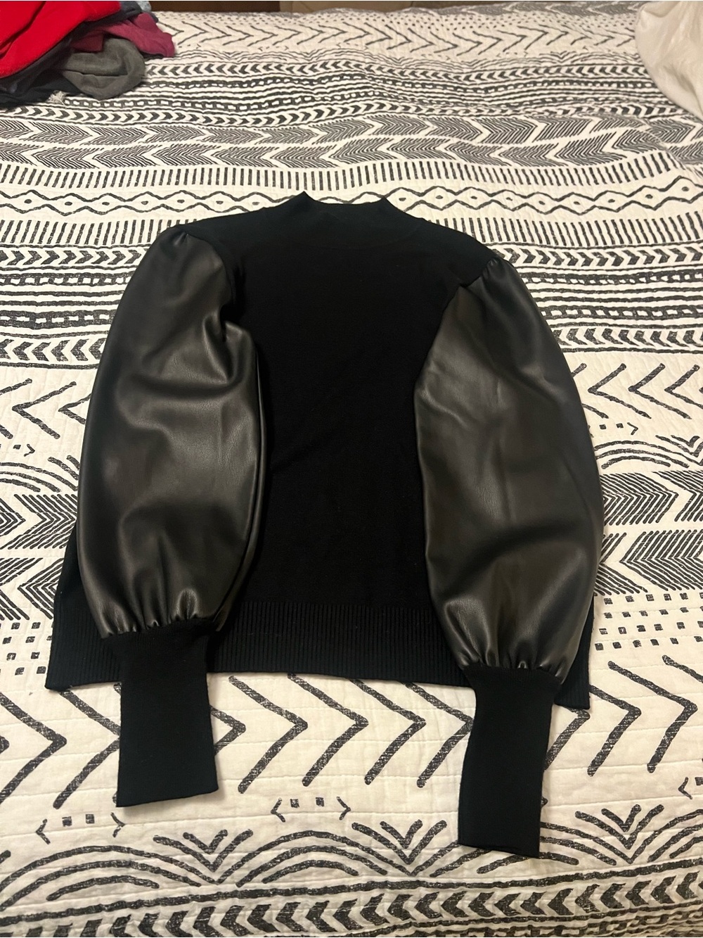 Black Puff Sleeve Mixed-Media Sweater- Women's